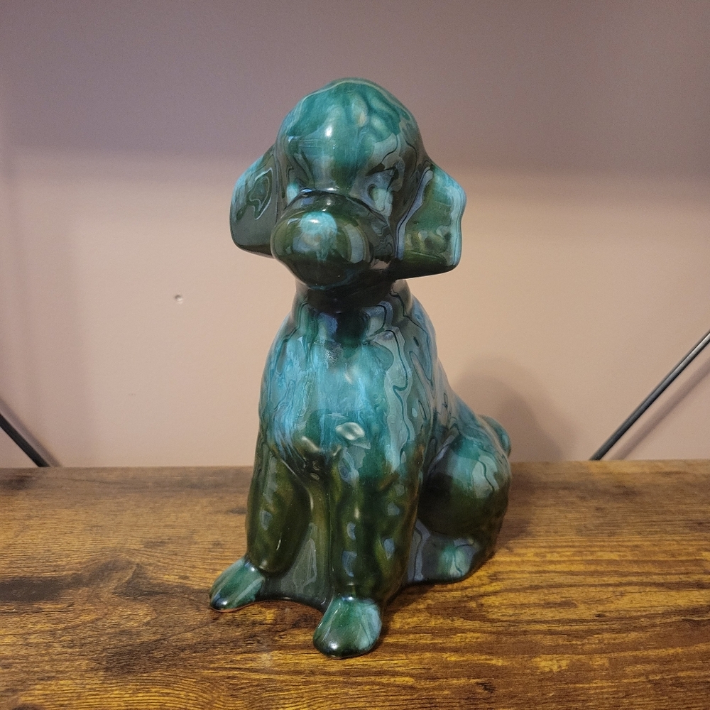 Vintage Ceramic Poodle Figurine Turquoise Drip Glaze Blue Mountain Style Pottery